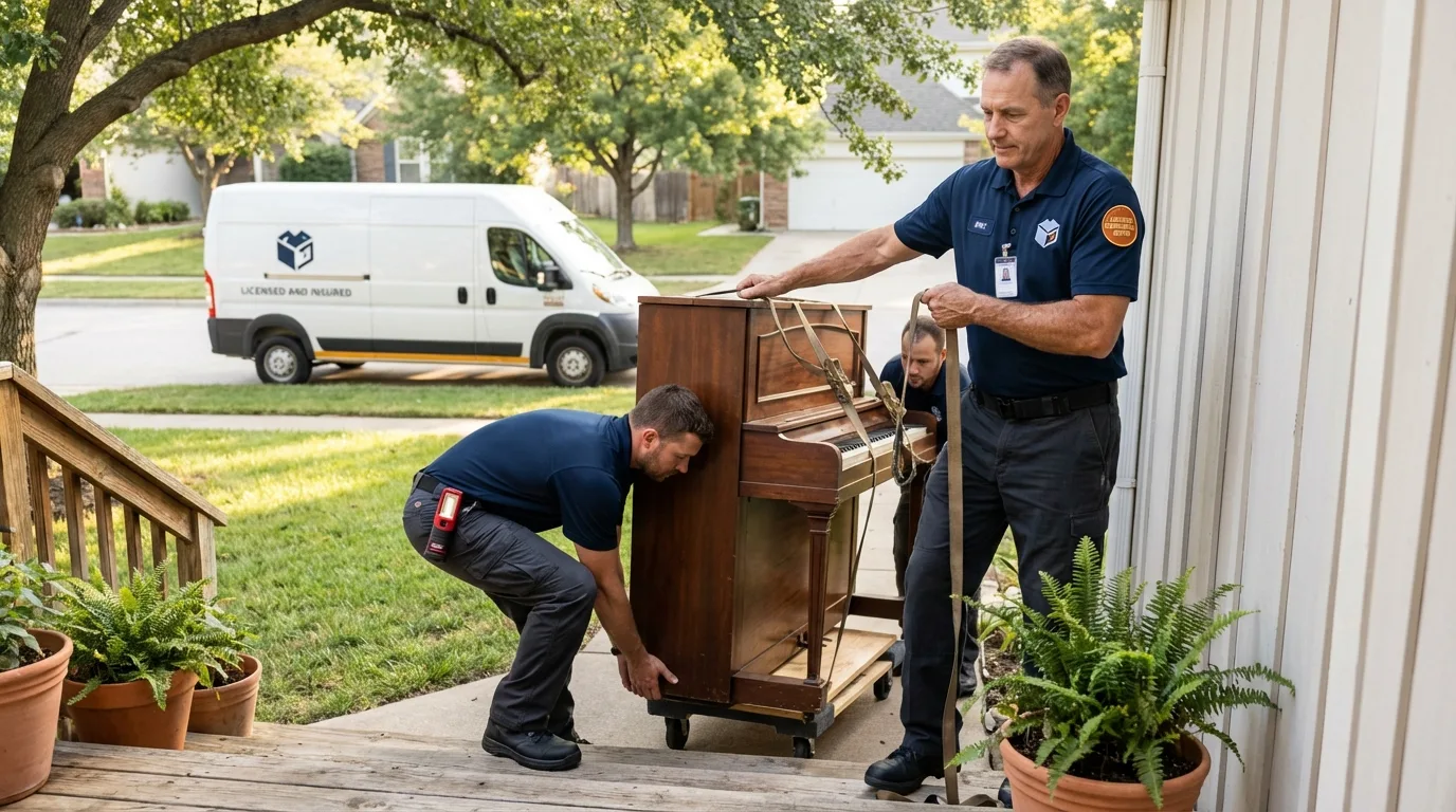 Licensed piano movers securing grand piano in Goodman, MO