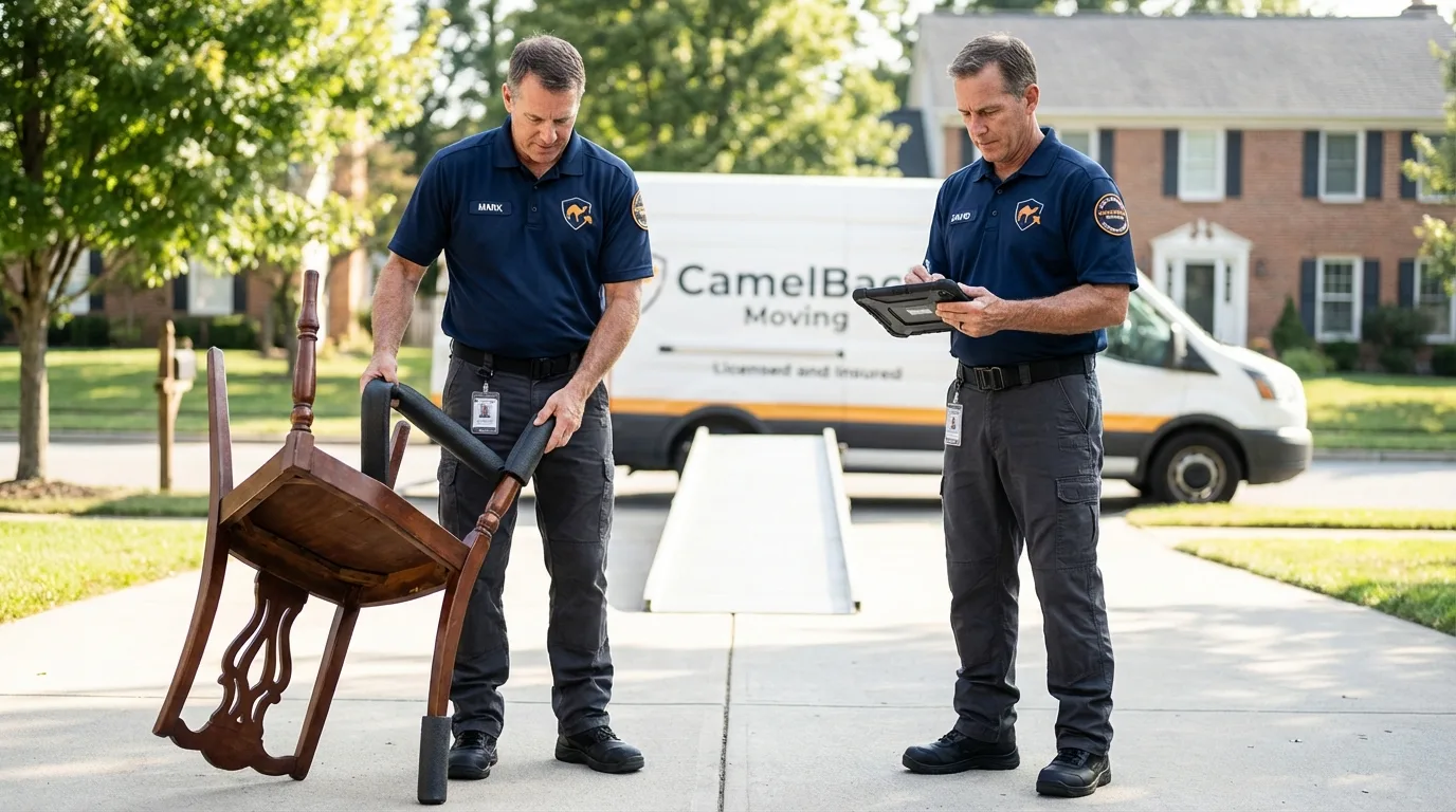 Movers inspecting furniture for damage prevention before loading in Goodman, MO