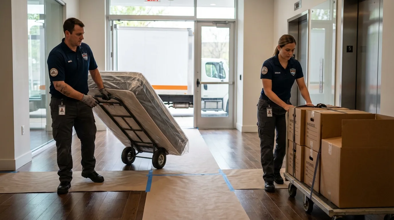 Professional apartment movers loading elevator in Goodman, MO
