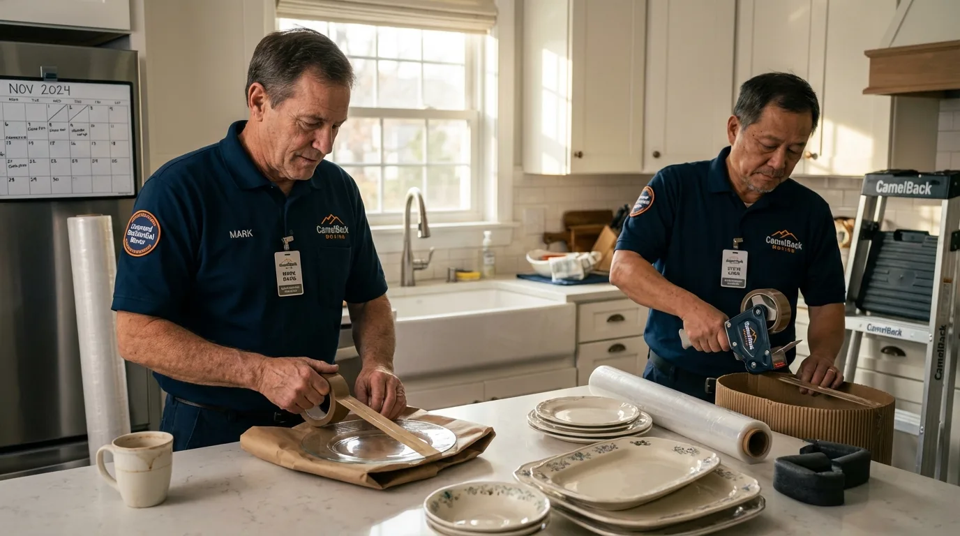 Professional crew packing kitchen dishware in Goodman, MO
